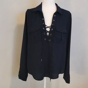 Cut tie front long sleeve blouse in navy